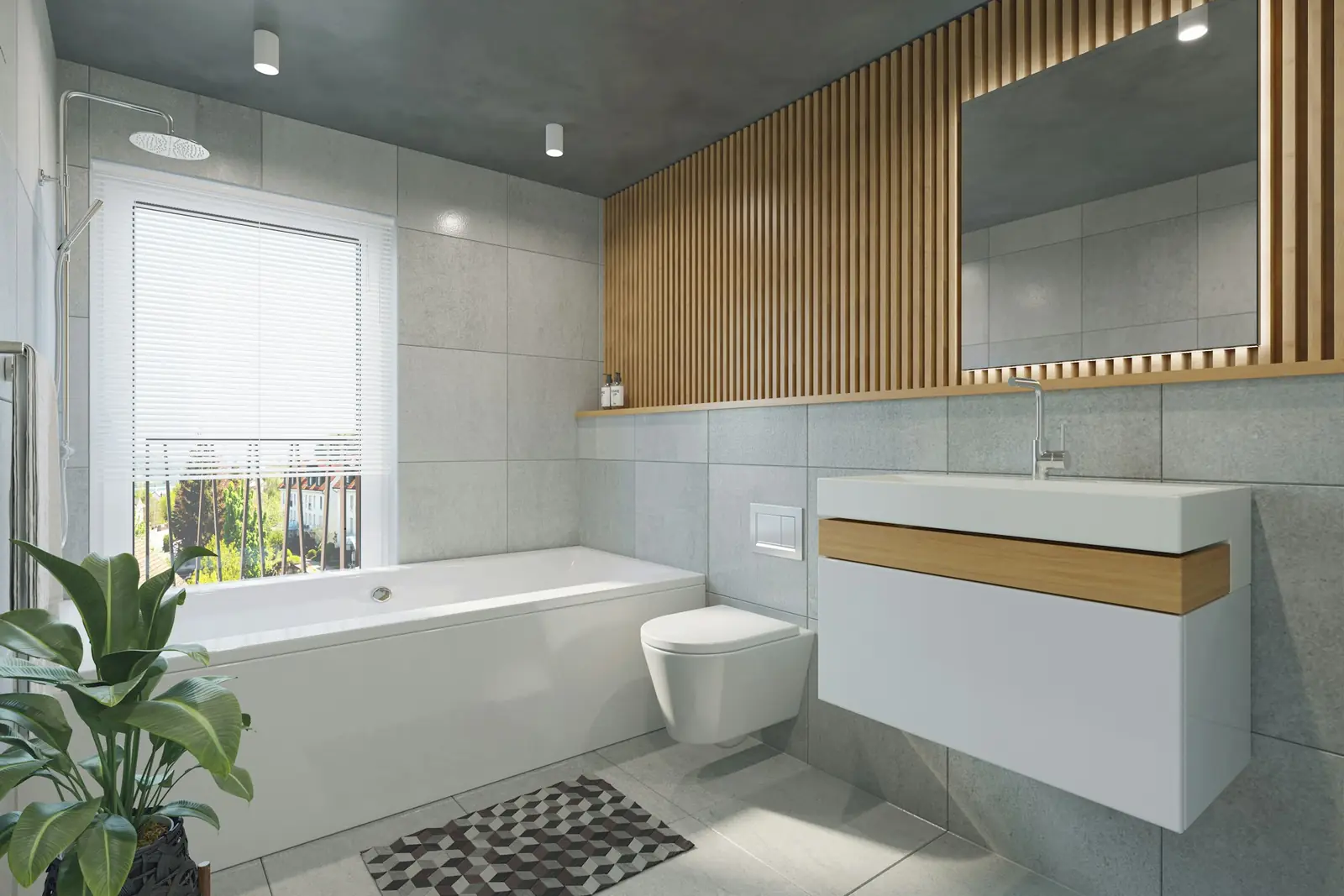 Modern bathroom with a wall-hung toilet, bath and vanity unit