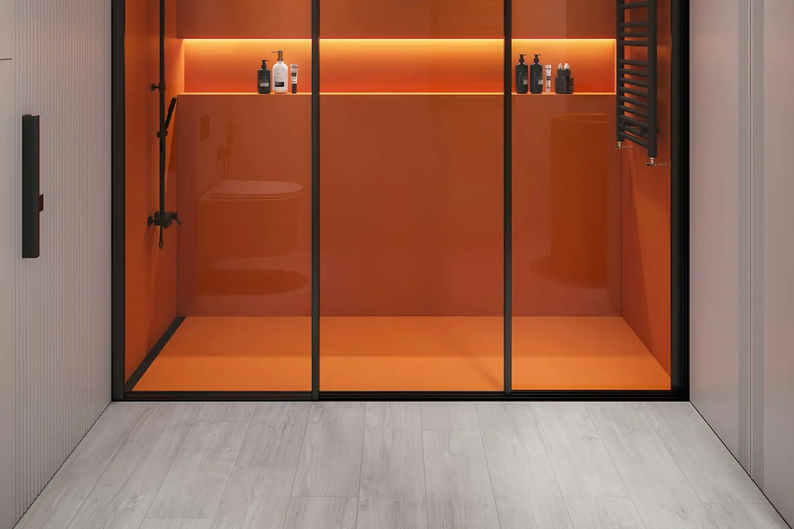 Walk-in shower enclosure with a black thermostatic mixer and overhead shower
