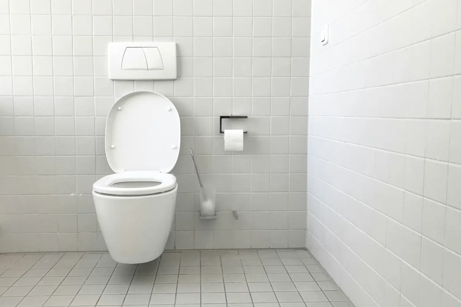 Wall-hung toilet with a concealed cistern and flush plate in a tiled bathroom
